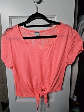 PINK Victoria's Secret Coral Lace-Back Tie-Front Crop Top